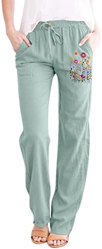 Calças de linho femininas do MTSDJSKF, calças de linho de cordão largo de alcance de faixa alta com altas