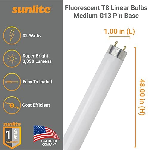 Sunlite 30195 T8 Lâmpada fluorescente linear, 32 watts, 3050 lúmens, F32T8/SP841, 4100K WHITE COLO
