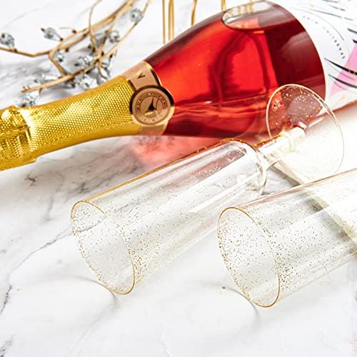 Jolly Chef 100 Pack Plastic Champagne Flautes Disponível 5 oz Goldes Golds Glitter Plastic Champagne Glasses Perfeito para Casamento, Dia de Ação de Graças, Natal