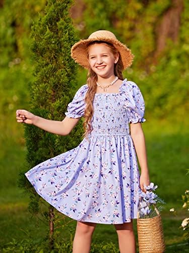 Labeca Girls Square Neck Ruffle Puff Sleeve Floral Print Dress Smocked Casual por 5-12 anos