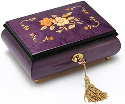 Linda caixa de jóias de música roxa artesanal com embutido floral tradicional - suíte de nutcracker