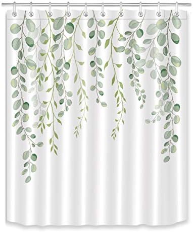 Cortina de chuveiro de folhas verdes ecotob para banheiro, planta de aquarela de primavera redonda floral