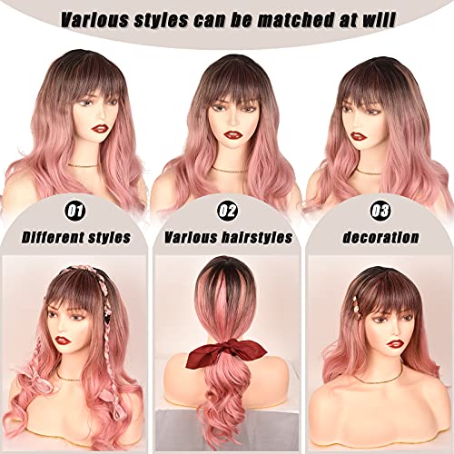 Smilco ombre rosa peruca com franja, longas perucas onduladas para mulheres resistentes à peruca sintética