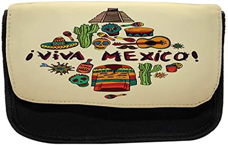 Caixa de lápis mexicano lunarável, doodle viva mexico, bolsa de lápis de caneta com zíper duplo, 8,5 x 5,5,