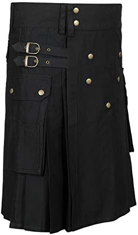 Scottish Designer Utility Kilts for Men Black Cotton Kilt Cores e Opções de tamanho disponíveis