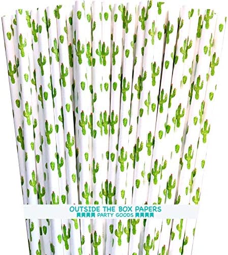 Canudos de papel temáticos de cacto - suculentas brancas verdes - 100 pacote