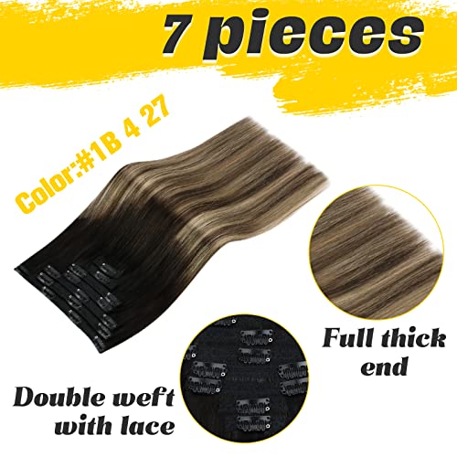 Pacotes - 2 itens: Clip on Hair Extensions Human Hair Balayage preto a marrom com loiro de 16 polegadas