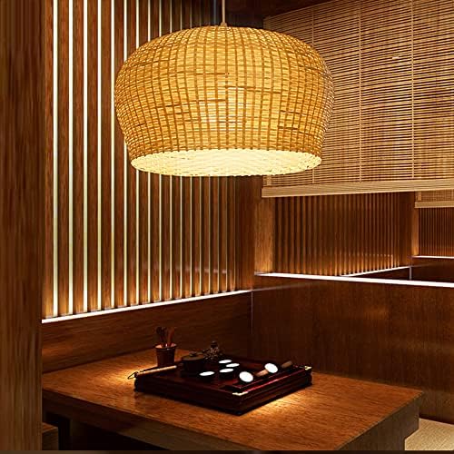 Wlbhwl luminária chinesa da sala de jantar de vime, lâmpada pendente de bambu moderna, lustres bege com tonalidade
