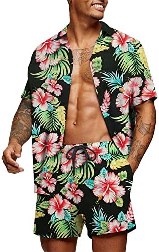 Lujengefa Mens 2 Peças Camisa e shorts Hawaiian Define o botão de impressão tropical floral de roupas de