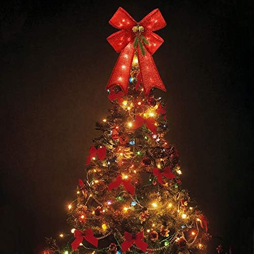 Yofit Bowknot Christmas Tree Topper Decorative Decorative Bows, Christmas Glitter Red Bow com Bedas vermelhas
