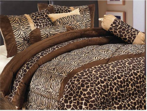 GRANDLINEN 7 peças Brown Cal King Size Safari Bed em uma zebra estampada de animais, Giraffa Conjunto