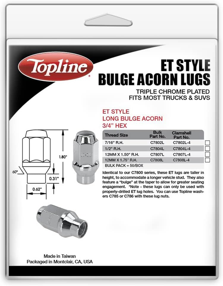 PRODUTOS TOPLINE C7808L-4P | Premium Chrome et Style Et Long Bulge Acorn Lugs | 12x1.75 R.H. Tamanho