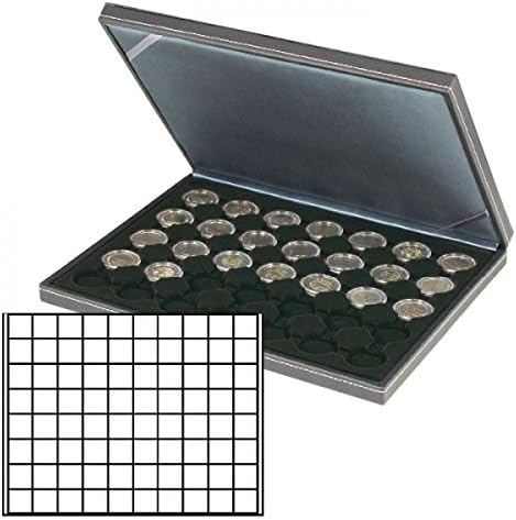 Lindner 2364-2180CE nera M Coin Case com uma inserção preta com 80 compartimentos quadrados. Adequado