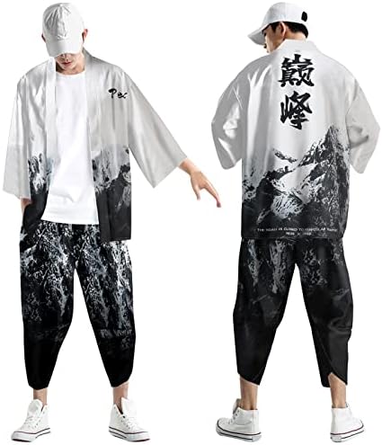 HDDK Mens Chinês Kimono define solto Aberto Drapeado 3/4 Manga Cardigan Capri