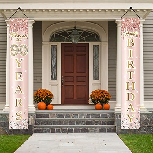 Decorações de aniversário de 90 anos Banner de porta para mulheres, manchas de ouro rosa rosa a 90 anos