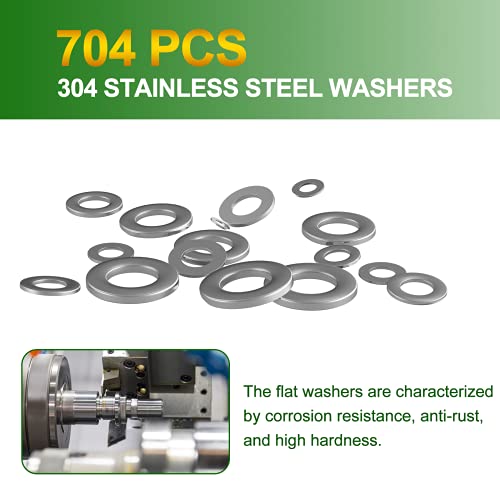 Arruelas para parafusos 704pcs, lavadoras planas 304 Arruelas de metal de aço inoxidável Conjunto de sortimento