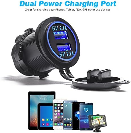 MicUning Dual USB Charger 4.2a com luz azul compatível com telefone celular, tabet, GPS para motociclismo