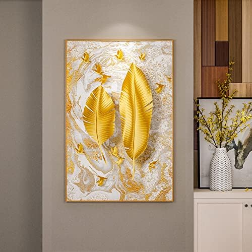 Pintura a óleo vertical pintada à mão - abstrata de folha de banana dourada de tamanho grande pintura de