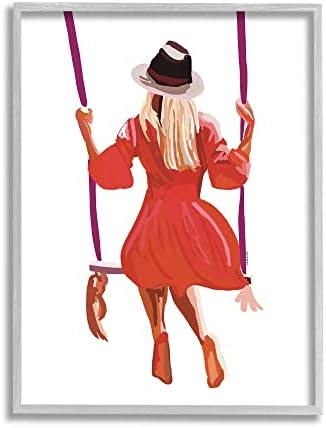 Stuell Industries Mulher vestindo vestido vermelho relaxante parque swing emoldurada arte de parede, design de Amelia
