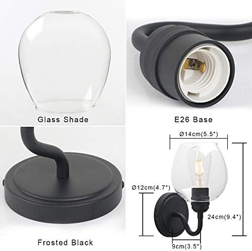 Yosoan Vintage Industrial Vanity Wall Light, Light Black Holder Curved Curved Gobeseneck com Bell Glass Shade