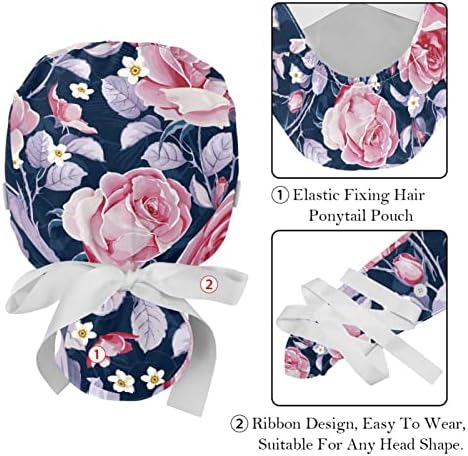 2 Pacote de tampas de trabalho com fita de suor para mulheres, rosa Flores de rosa Ponytail bolsa
