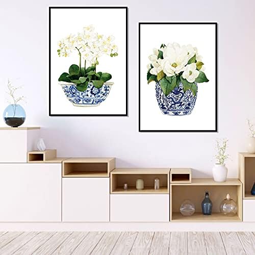 Vlolife White Orchid & Magnolia aquarela Chinoiserie decoração de tela impressão vaso oriental azul Branco