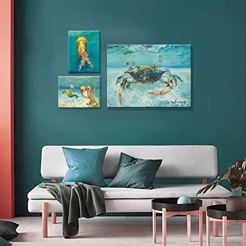 Tamanho grande Decoração de parede náutica Arte da parede de lona de caranguejo azul, Decorações de praia do tema