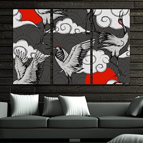Arte de parede para sala de estar, pintura a óleo na tela grande guindastes japoneses emoldurados nuvens