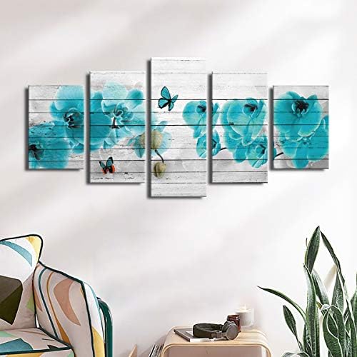 Turquesa Flower Canvas Print Wall Art Grande decoração de pintura floral azul para sala de estar emoldurada