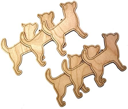 Conjunto de 6 Chihuahua inacabado a laser de madeira cortada em forma de ornamento - feito nos EUA - 4 polegadas