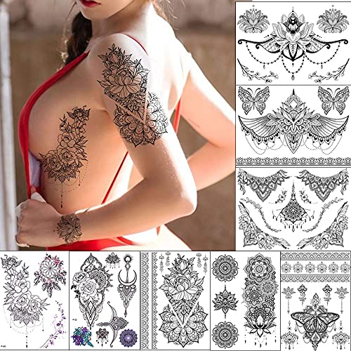 Tatuagem temporária para mulheres, mais de 60 padrões 8 Pacote de tatuagens de flores mandara falsas, sexy no corpo,