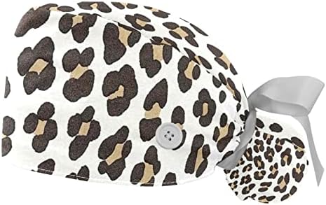 2 peças Skin Leopard Skin Working Hats com botões Cap bouffant elástico com fita de suor