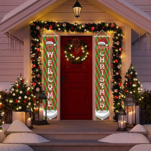 Crenics Feliz Christmas Varanda Sinais, Red e Verde Christmas Front Door Banner para decorações