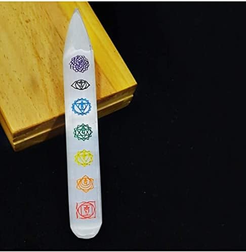 Varta de chakra de cristal de selenita metafísica com 7 símbolos de chakra em relevo Varinha de