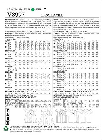 Vogue Patterns V8997 Model de costura de Misses, tamanho A5