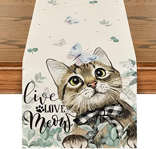 Modo ARTOID EUCALYPTUS CAT Live Love Meow Butterfly Summer Table Runner, Spring Kitchen Dining Table Decoration for Home Party Decor 13x72 polegadas