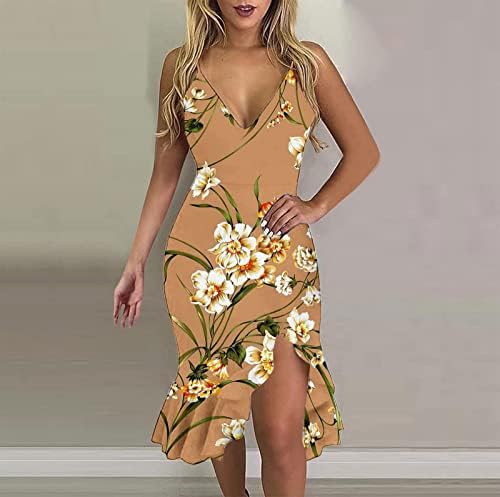 Vestido de verão feminino 2023 Casual Spaghetti Strap Floral V Neck de pescoço sem mangas Ruffle Wrap Flowy