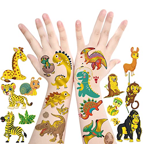 Tatuagens temporárias de dinossauros para crianças, 8 lençóis glitter metálico tatuagens falsas dinossauros/selva