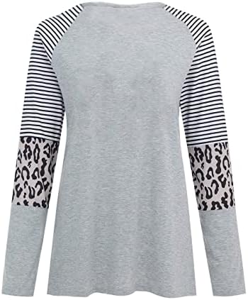Pullover feminino Tops listrados de manga longa estampa de leopardo camiseta camiseta casual bloco de