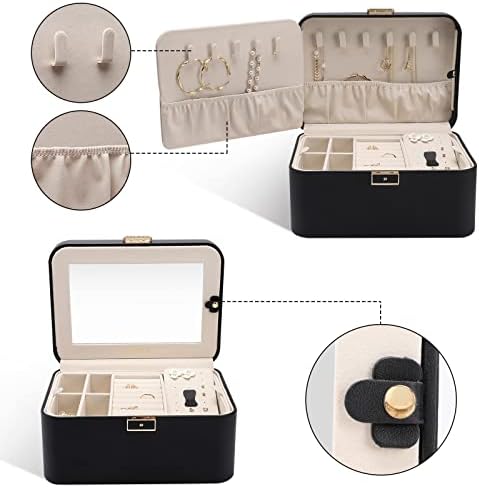 Kamier Jewelry Organizer, 2 camadas de jóias de couro PU, grande capacidade, trava dupla e espelho grande, ganchos de colar escondido, divisores removíveis, embalagem da caixa de presente, preto