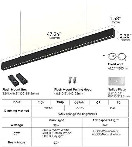 SCON 4ft Dali Pingente Dimmable Linear LED Iluminação suspensa 36W Linkablemodern Spotlight com