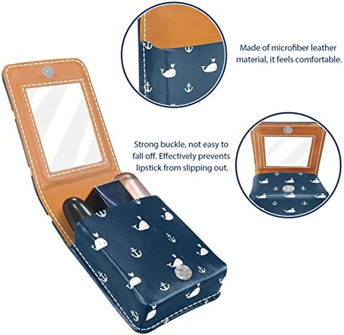 Caixa de batom de maquiagem de couro de baleias e âncoras com espelho de mini maquiagem diariamente retoque
