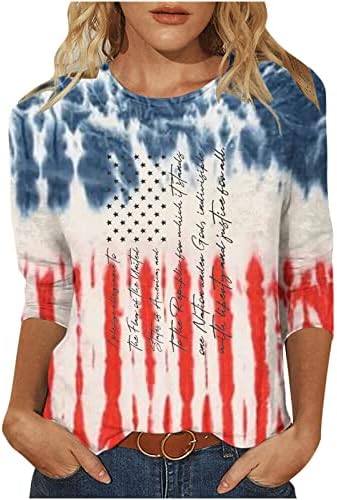 Dia da Independência das Mulheres Tops American Flag Print T-shirt Summer Round Neck Round 3/4