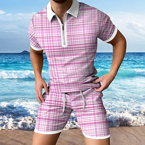 XXBR Mens Summer 2 Peças Conjuntos de impressão xadrez verificados Camisetas de golfe zip pólo