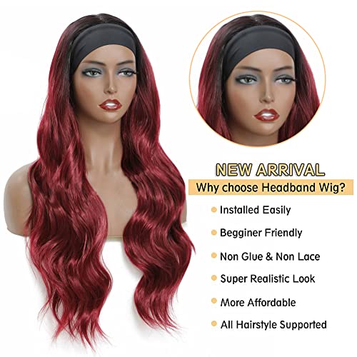 Ombre Red Boand Band Wig Longo Wavy Borgonha Wig Synthetic for Women Wine Wine Red Head Band Wig resistente