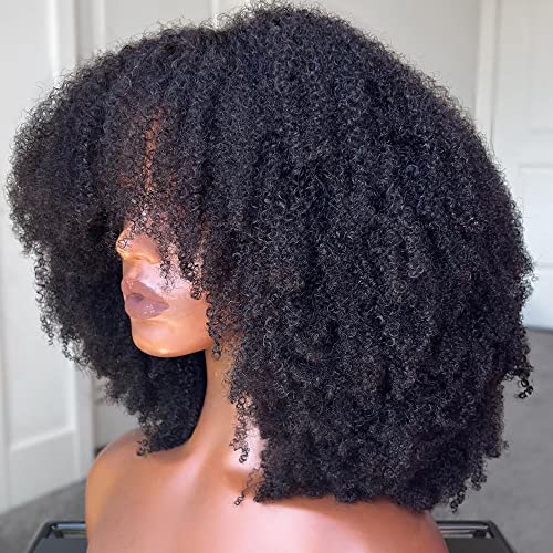 Rheanna Black Wig com Bangs Human Hair Binky Curly Wigs 200 Densidade peruca encaracolada Remy Scalp