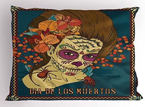 Ambesonne Day of the Dead Pillow Sham, Dia de Los Muertos Skull Girl With Roses Hearts Print, Tamanho
