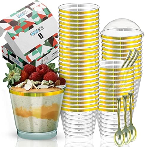 Herccap Gold -ardente de sobremesa plástica - inclui tampas de cúpula e mini -colheres de ouro - xícaras de sobremesas
