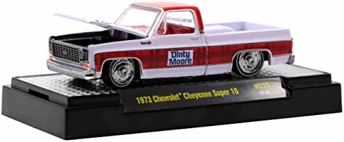 M2 1973 Chevy Cheyenne Super 10 Pickup White com Top Red Top e Red Plaid Stripe Dinty Moore Ltd ED