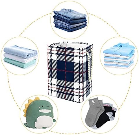 Cesta de lavanderia com alça de corda, padrão xadrez de brinquedos brancos azuis e organização de roupas Torno dobrável